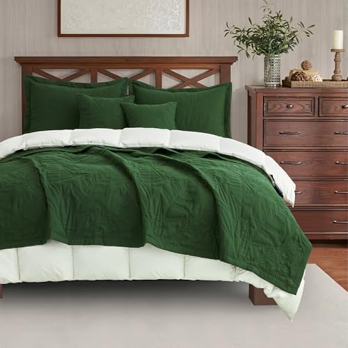 HZ HY Botanical Queen Bedspread Set Leaves Pattern Reversible 5 Piece Olive Green