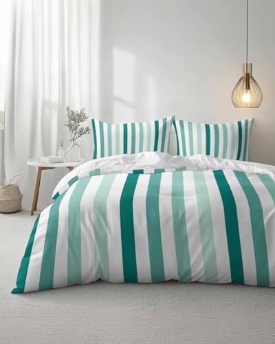 ZOE GARDEN Green Stripe Queen Duvet Cover Set 3 Piece 1