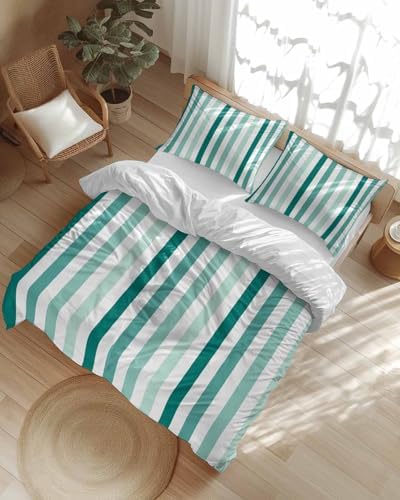 ZOE GARDEN Green Stripe Queen Duvet Cover Set 3 Piece 1
