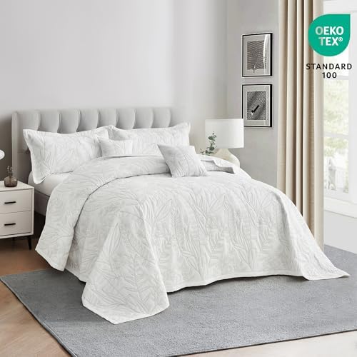 HZ HY Leaves Pattern Queen Bedspread Set Reversible Lightweight 5 Piece White