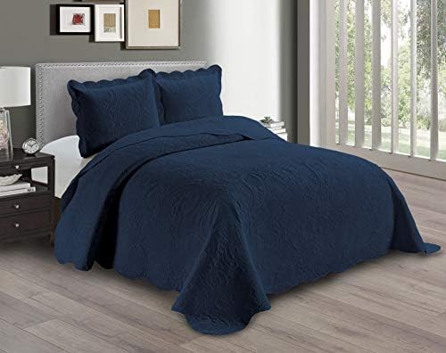 Linen Plus Embossed Coverlet Set 3pc Navy Blue Full Queen