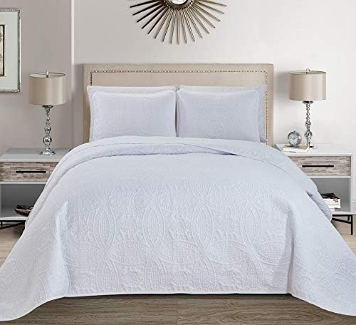 Linen Plus 3 Pieces KingCal King Bedspread Set Solid White Embossed