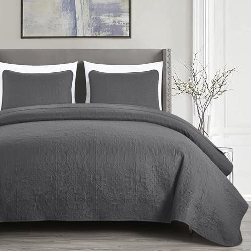 Chezmoi Collection Luca 3-Piece Bedspread Set Queen Size Charcoal
