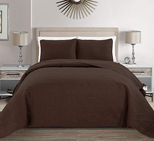 Fancy Linen Embossed Coverlet Set 3pc Coffee Brown