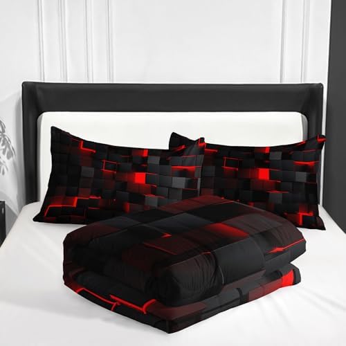 Neon Red Black Kids Comforter Set 3PCS Geometric Honeycomb Bedding