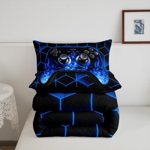 Erosebridal Blue Gaming Comforter Set - Neon Geometry Kids Bedding for Boys