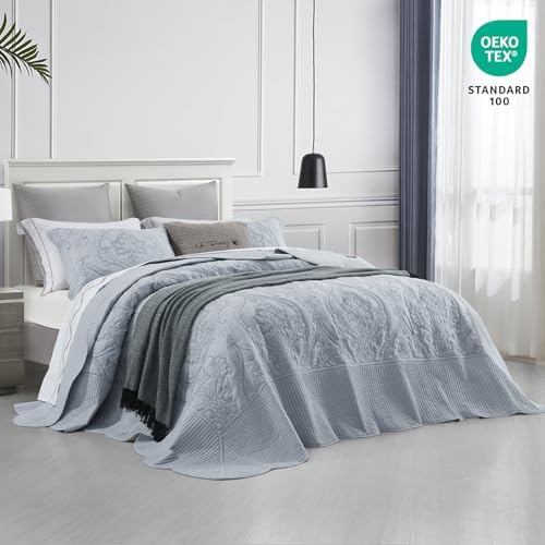 CHIXIN Oversized Bedspread Set - King Size Light Grey Damask Paisley Pattern