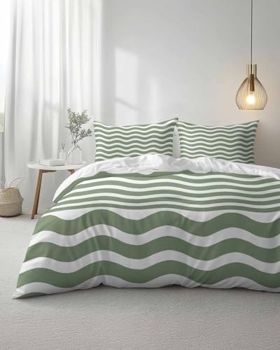 ZOE GARDEN Sage Green Striped Queen Duvet Cover Set