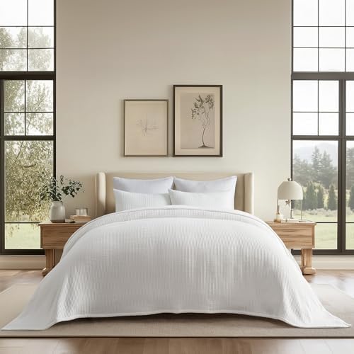 EVERGRACEHOME Cotton Gauze Queen Bedspread Set with 2 Shams Ivory White