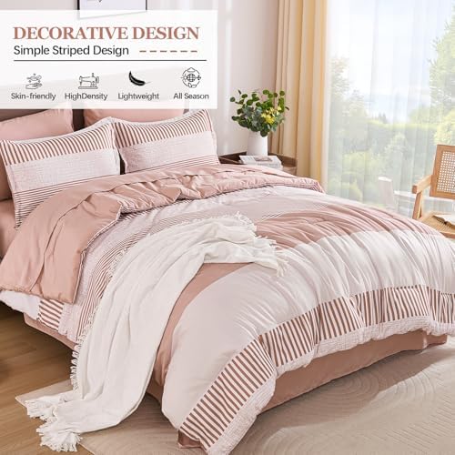 Pink Comforter Set Queen Size Striped Bedding