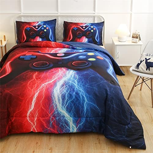 Gamer Gamepad Comforter Set for Boys Red-Blue Lightning Design