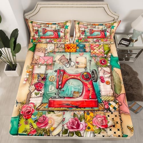 Manfei Red Retro Sewing Machine Bedding Set Twin Size 1