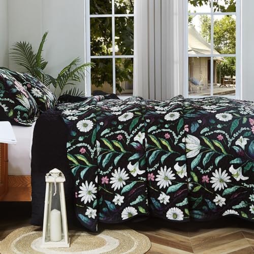 EVENHUG Black Botanical Quilt Set King Size 3 Pieces