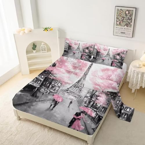 Kxry Pink Paris Eiffel Tower Fitted Sheet Set
