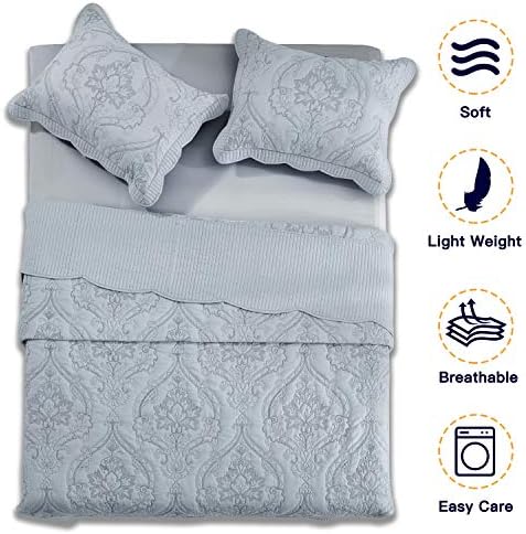 CHIXIN Oversized Bedspread Set - King Size Light Grey Damask Paisley Pattern