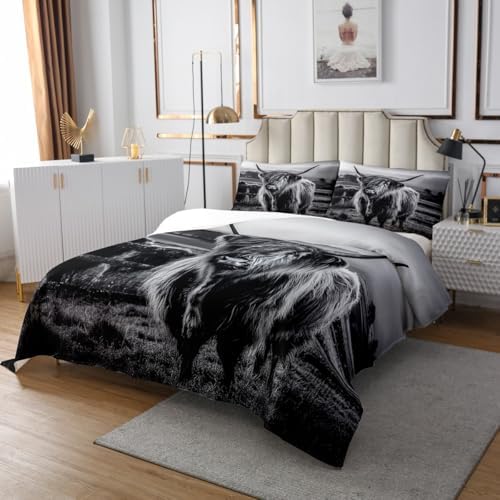 Highland Cow Bedspread King Size Grey Bull Quilt Set