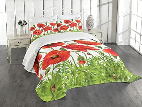 Lunarable Ladybugs Bedspread Set Queen Size Green Red 1