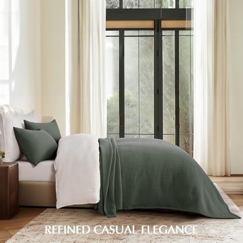 Evergracehome Cotton Gauze Queen Bedspread Set with 2 Shams Olive Green