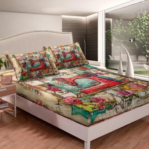 Manfei Red Retro Sewing Machine Bedding Set Twin Size 1