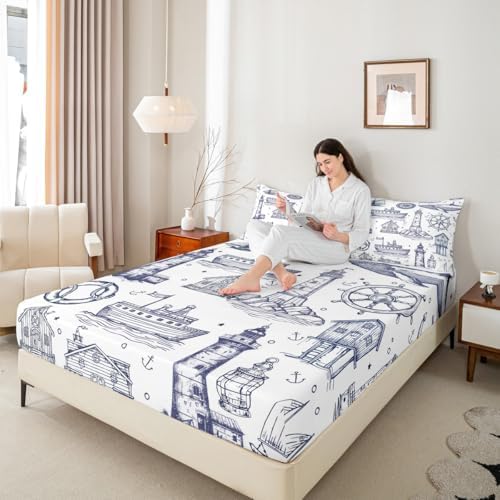 Homewish Sea Nautical Queen Sheet Set 3Pcs with Lighthouse Design
