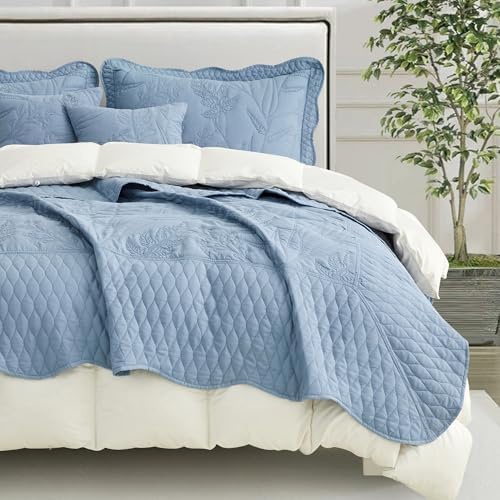 DaisyHuang Botanical Bedspread Set - Leaves Pattern Reversible 4 Piece Ashley Blue