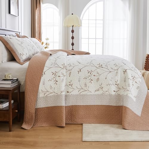 Oversized Cotton Bedspread Set Reversible Botanical Pattern