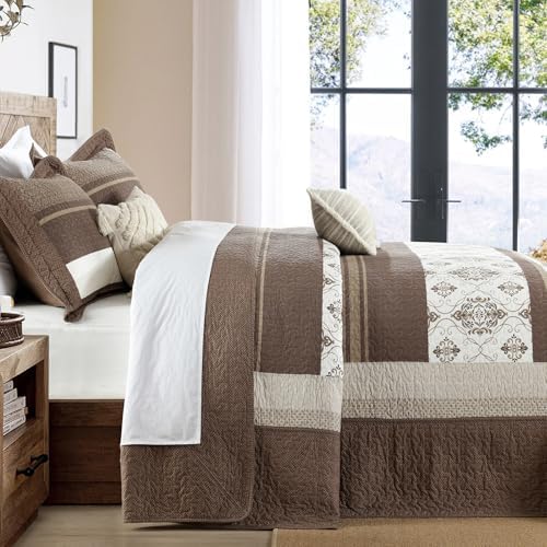SahSahCasa Queen Bedspread Set 120x102 3pc Beige Dark Brown