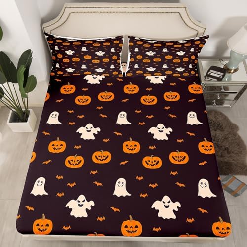 Jejeloiu King Size Pumpkin Lantern Kids Halloween Sheet Set