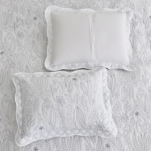 CHIXIN Botanical Bedspread Set - Full Size Leaves Pattern 4 Piece White