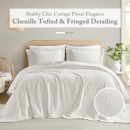 Madison Park Queen Chenille Floral Bedspread with Fringes 3 Piece