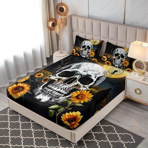 Gothic Skull Fitted Sheet with Sunflower Pattern Queen Size Set