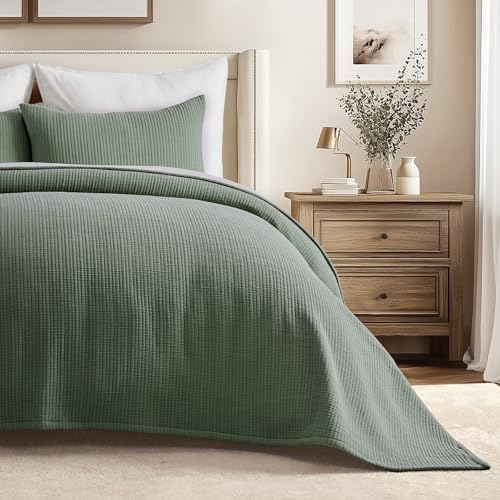 Evergracehome Cotton Gauze Queen Bedspread Set with 2 Shams Olive Green