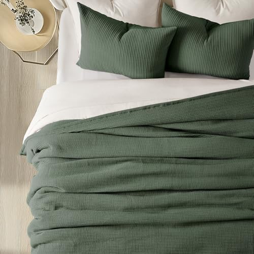 Evergracehome Cotton Gauze Queen Bedspread Set with 2 Shams Olive Green