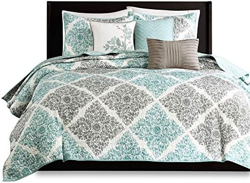 Madison Park Claire Quilt Coverlet Set - 6 Piece Diamond Aqua Pattern KingCal King