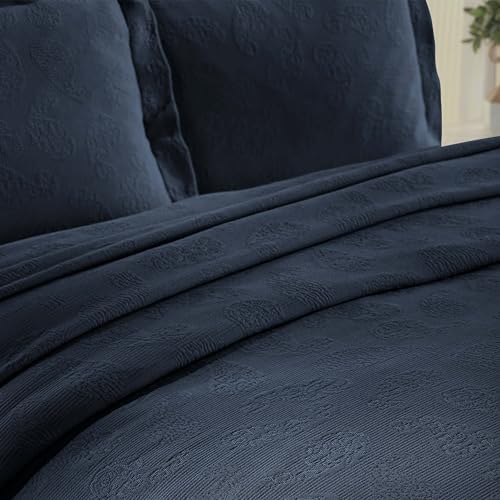 Superior Paisley 3 Piece Cotton Bedspread Set Navy Blue 1