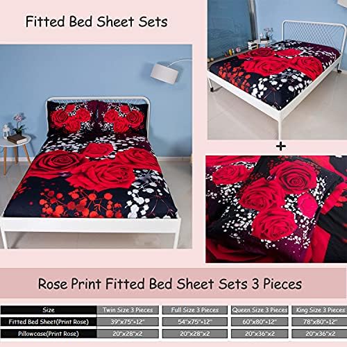 EsyDream 3D Red Rose Fitted Sheet Set - 3 Pieces King Size