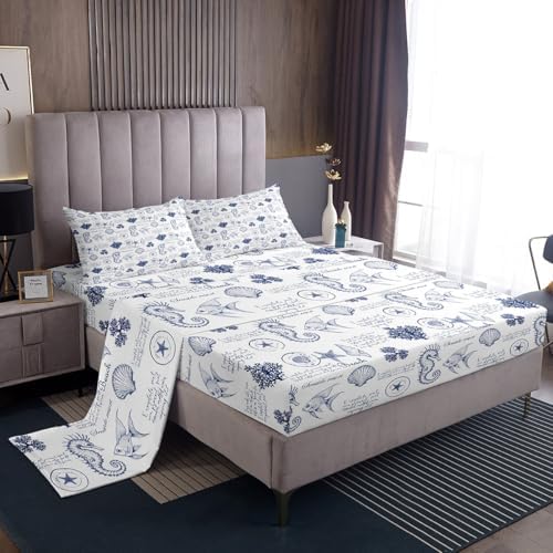 Coastal King Size Sheet Set with Seashell Print