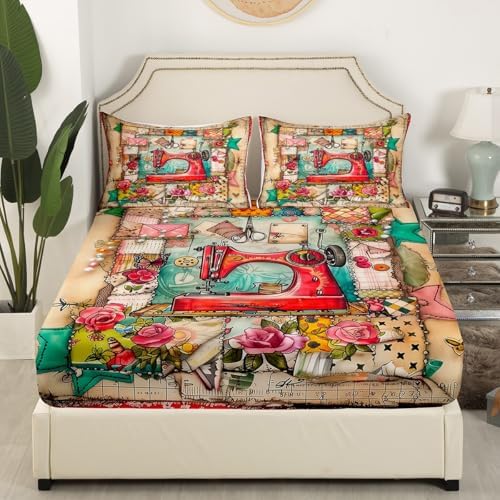 Manfei Red Retro Sewing Machine Bedding Set Twin Size 1