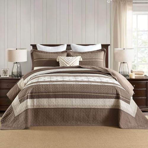 SahSahCasa Queen Bedspread Set 120x102 3pc Beige Dark Brown