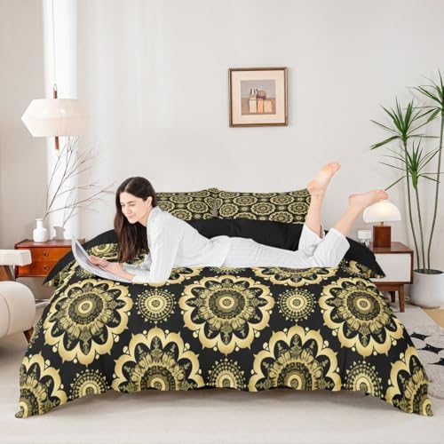 Jejeloiu Paisley Duvet Cover Set 3Pcs Black Gold Damask Pattern 1