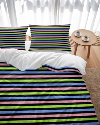 ZOE GARDEN Pink Blue Stripe Duvet Cover Set 3 Piece
