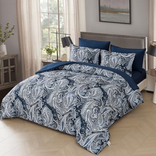 DJY Navy Paisley Comforter Set California King 7 Piece