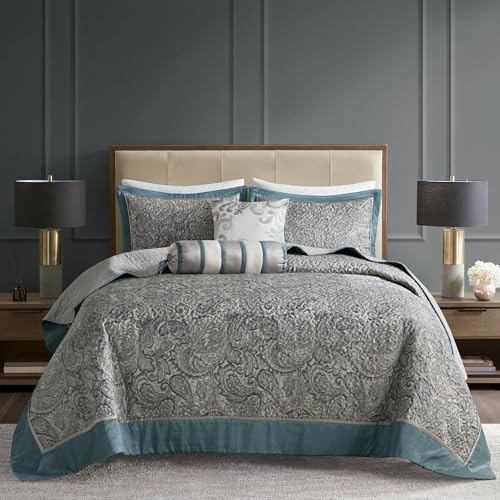Madison Park Aubrey Reversible Quilted Bedspread Set Teal 5 Piece