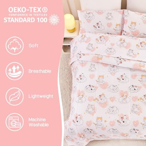 Yibeizi Cat Comforter Set for Girls Twin
