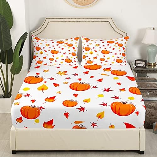 Erosebridal Fall Pumpkin King Size Sheet Set with Maple Leaves