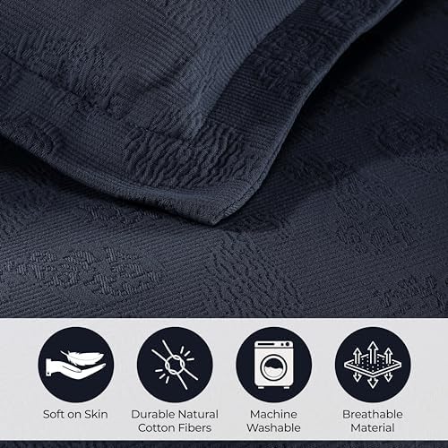 Superior Paisley 3 Piece Cotton Bedspread Set Navy Blue 1