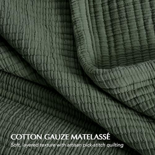 Evergracehome Cotton Gauze Queen Bedspread Set with 2 Shams Olive Green