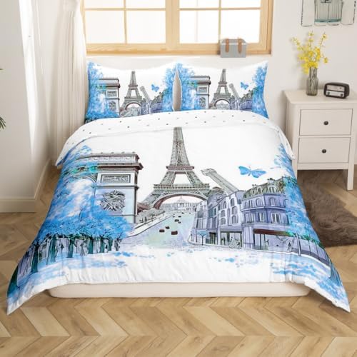 Jejeloiu Blue Eiffel Tower Duvet Cover Set