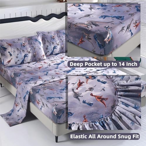 SDIII 4PCS Dinosaur Queen Sheet Set Soft Microfiber Dino Bedding for Kids