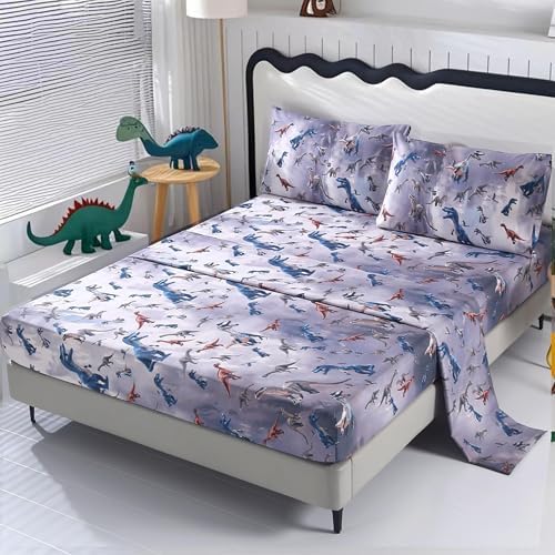 SDIII 4PCS Dinosaur Queen Sheet Set Soft Microfiber Dino Bedding for Kids